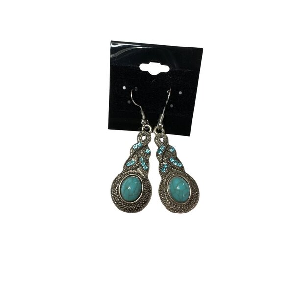 Western Blue Turquoise Dangle Pendant Chain Necklace Hook Earring Jewelry Set - Picture 4 of 7